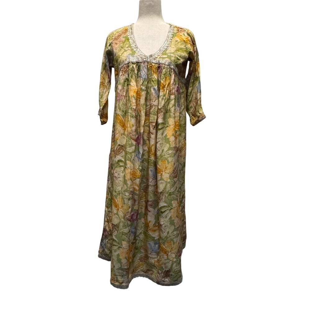 Feather Touch Floral Maxi Dress Womens M Green Sequin Trim Cottagecore Boho